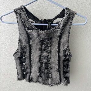 American Bazi Distressed Black and Gray Denim Crop Top